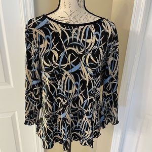 NWOT Brittany Black | Soft & Stretchy Black/Tan/ Blue Pleated Geometric Top